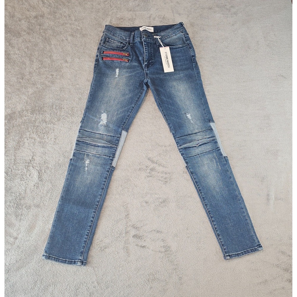 ETIENNE MARCEL EM2006 SKINNY Women's Zip Pockets Destructed Jeans sz 28 Red Zip